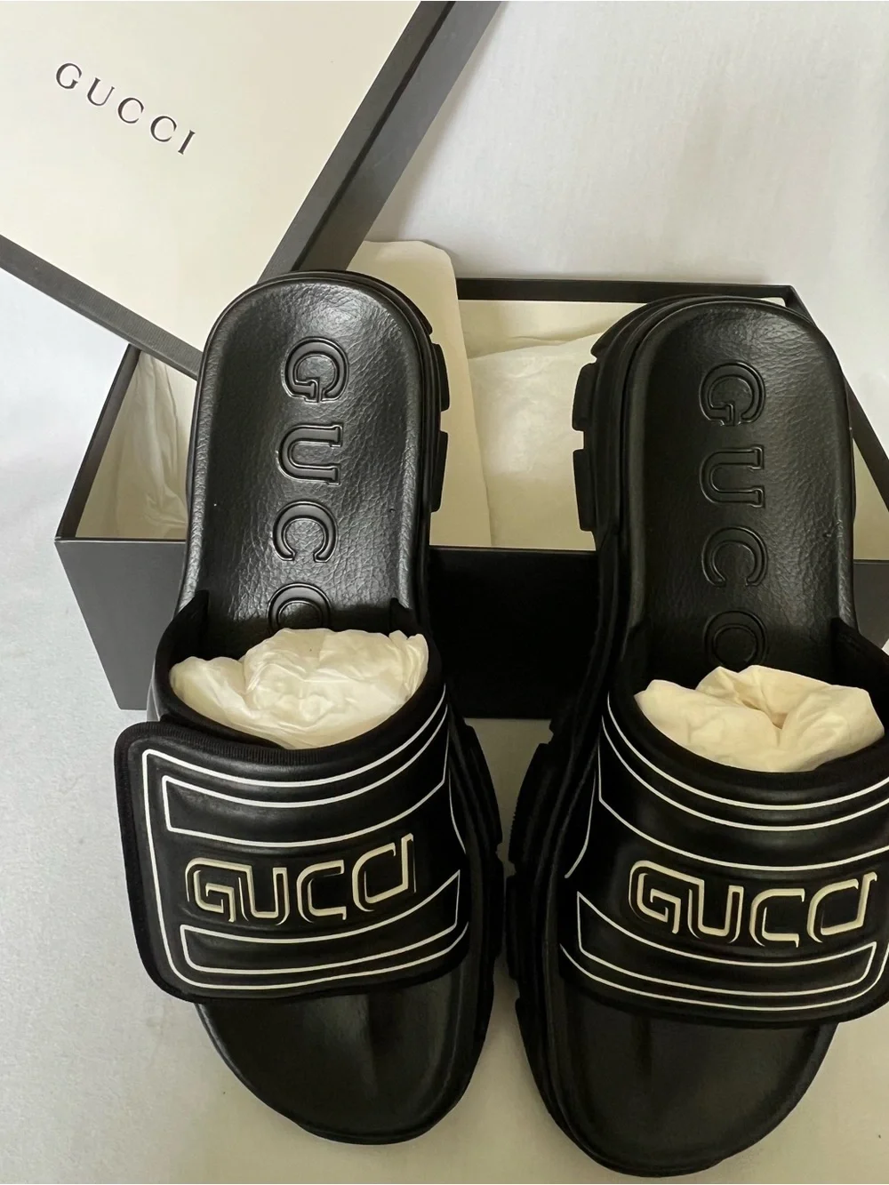 Gucci Black and White Logo Slide Sandals